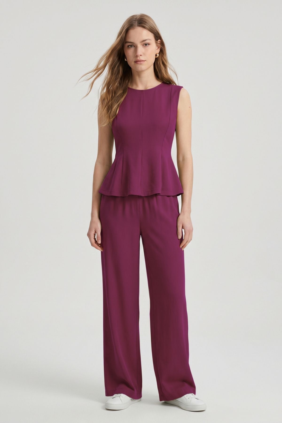 Sıfır Kol Peplum Bluz Bol Paça Pantolon Takım 18007 Mürdüm - RAYS
