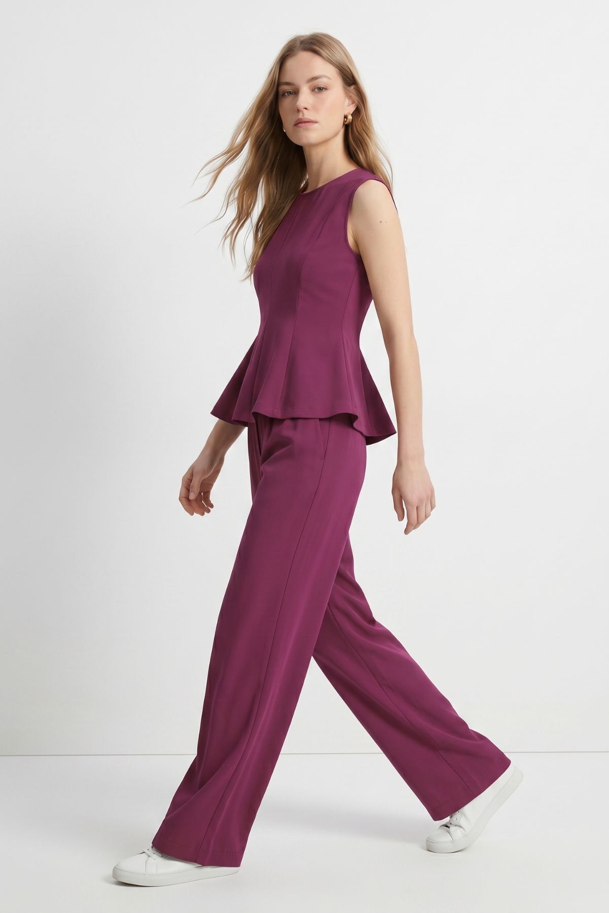 Sıfır Kol Peplum Bluz Bol Paça Pantolon Takım 18007 Mürdüm - RAYS
