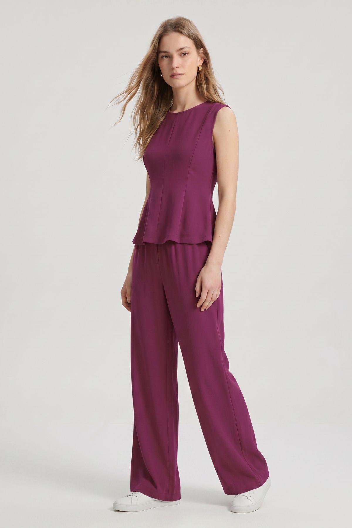 Sıfır Kol Peplum Bluz Bol Paça Pantolon Takım 18007 Mürdüm - RAYS