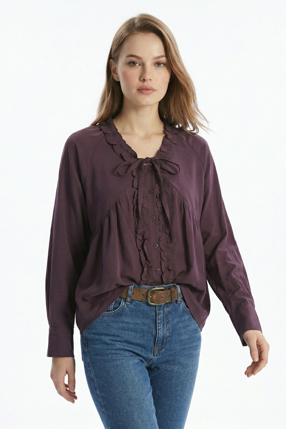 Mürdüm V Yaka Fırfırlı Bağlama Detay Bluz 0108 - 1