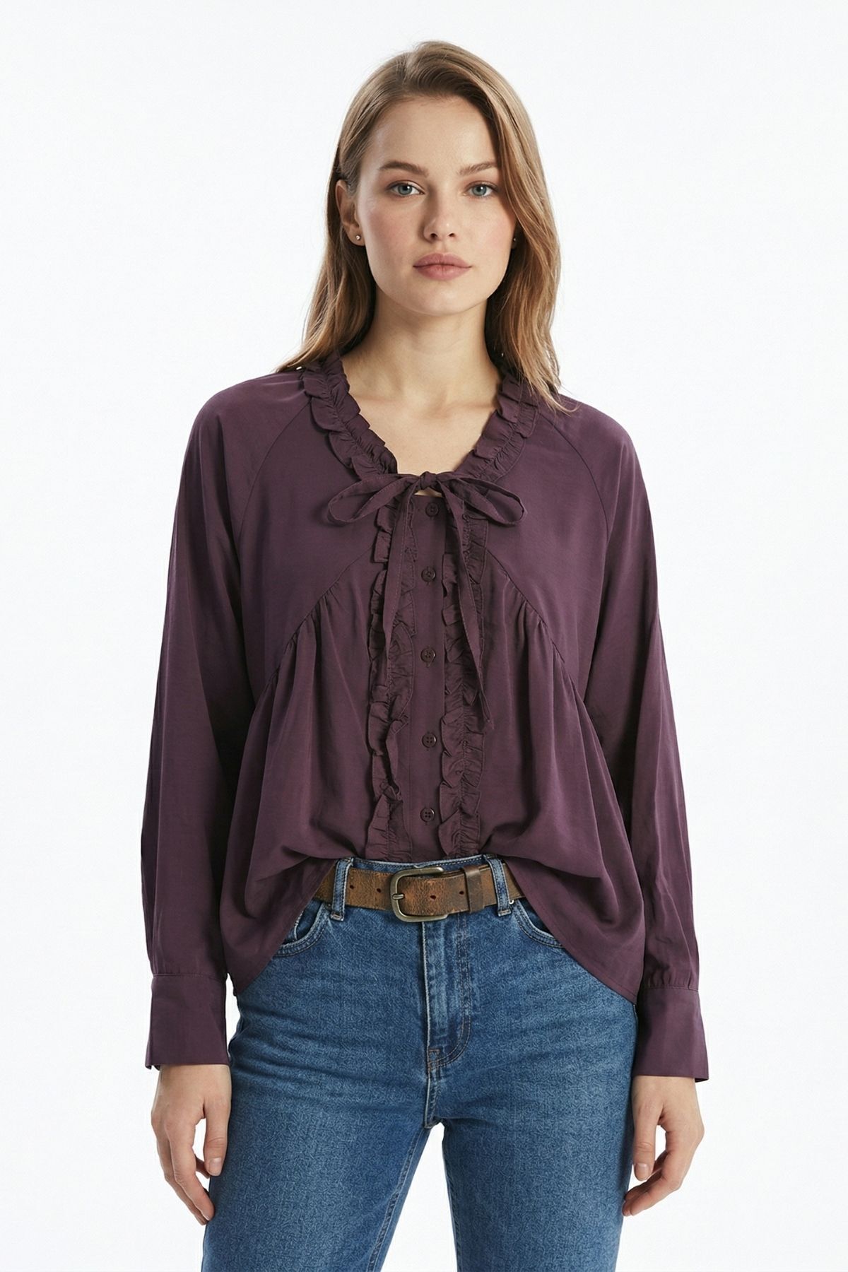 Mürdüm V Yaka Fırfırlı Bağlama Detay Bluz 0108 - 2