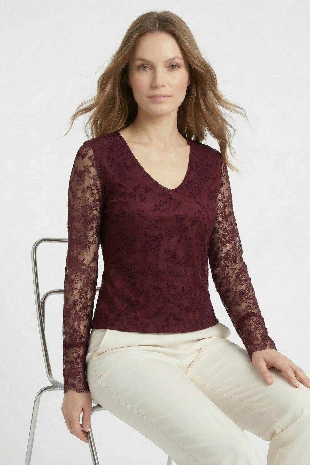 Mürdüm V Yaka İspanyol Kol Dantelli Bluz 8518A - 1