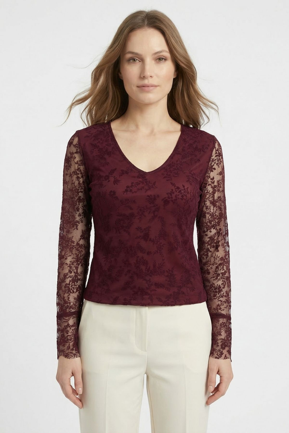 Mürdüm V Yaka İspanyol Kol Dantelli Bluz 8518A - 2