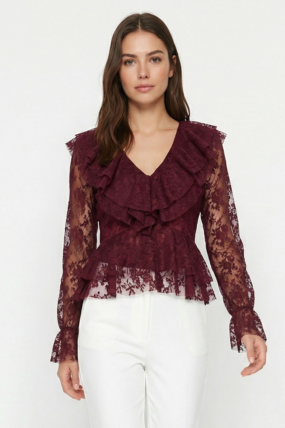 Mürdüm V Yaka Önü Fırfırlı Dantelli Bluz 8490 - 2