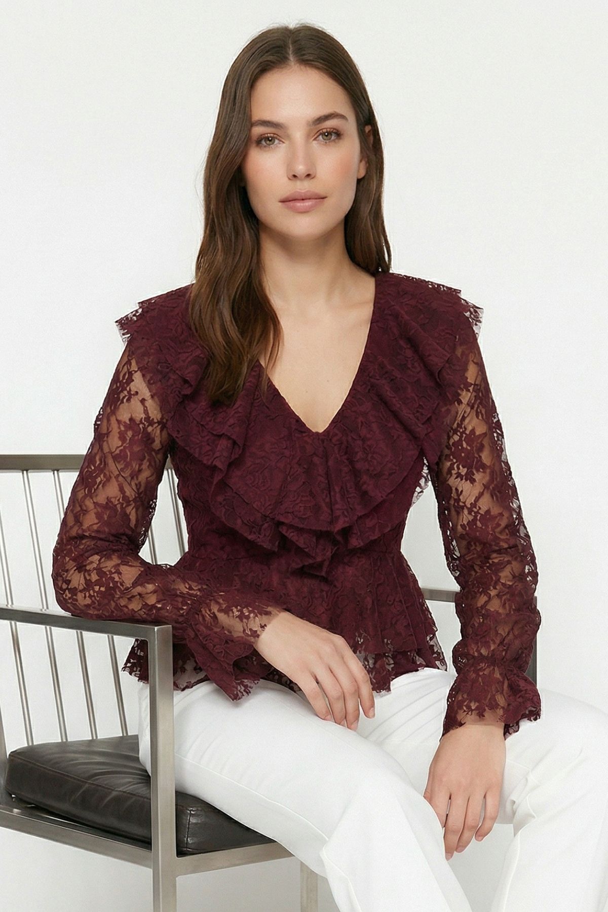 Mürdüm V Yaka Önü Fırfırlı Dantelli Bluz 8490 - 3