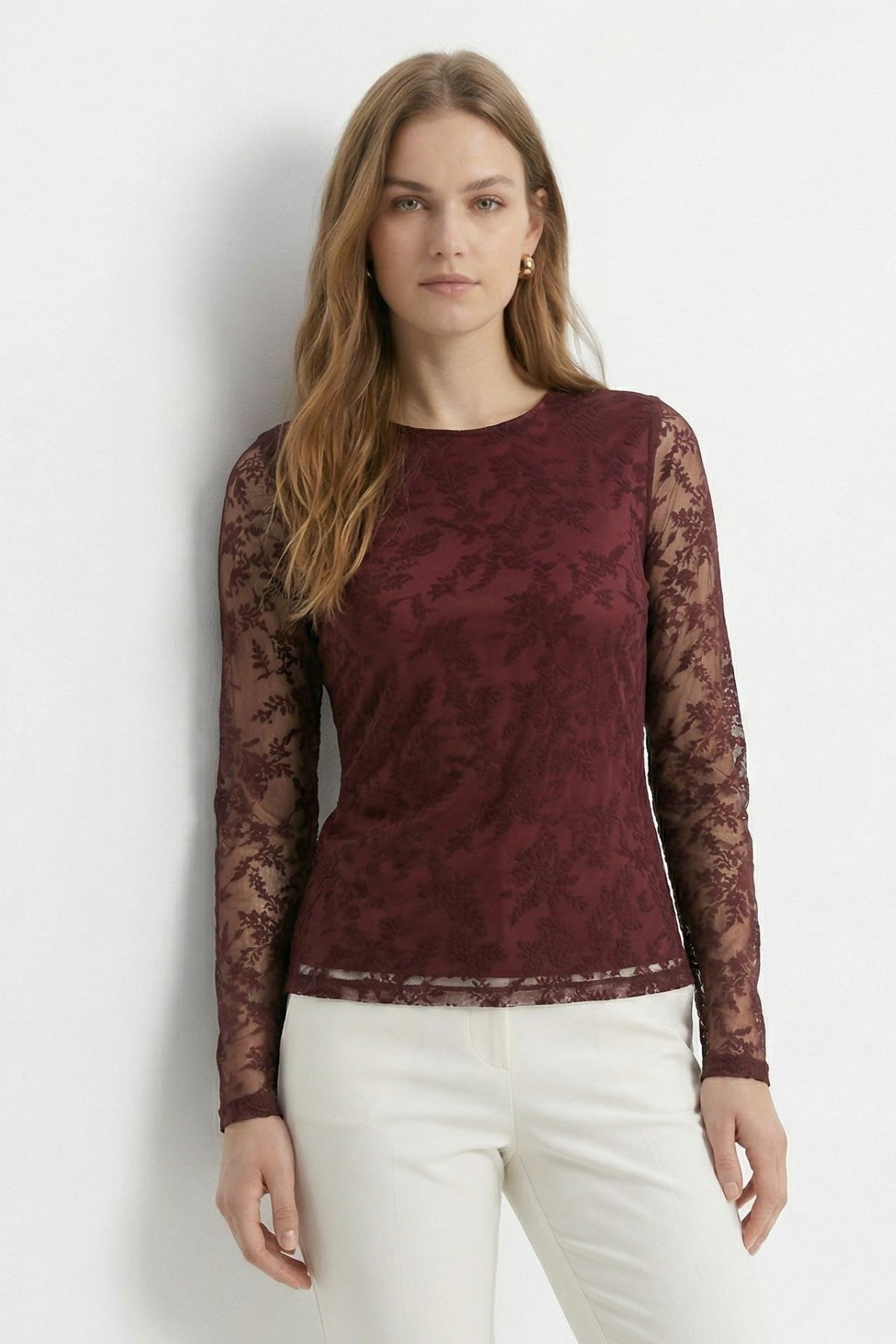 Mürdüm Yandan Büzgülü Desenli Bluz 8476A - 1