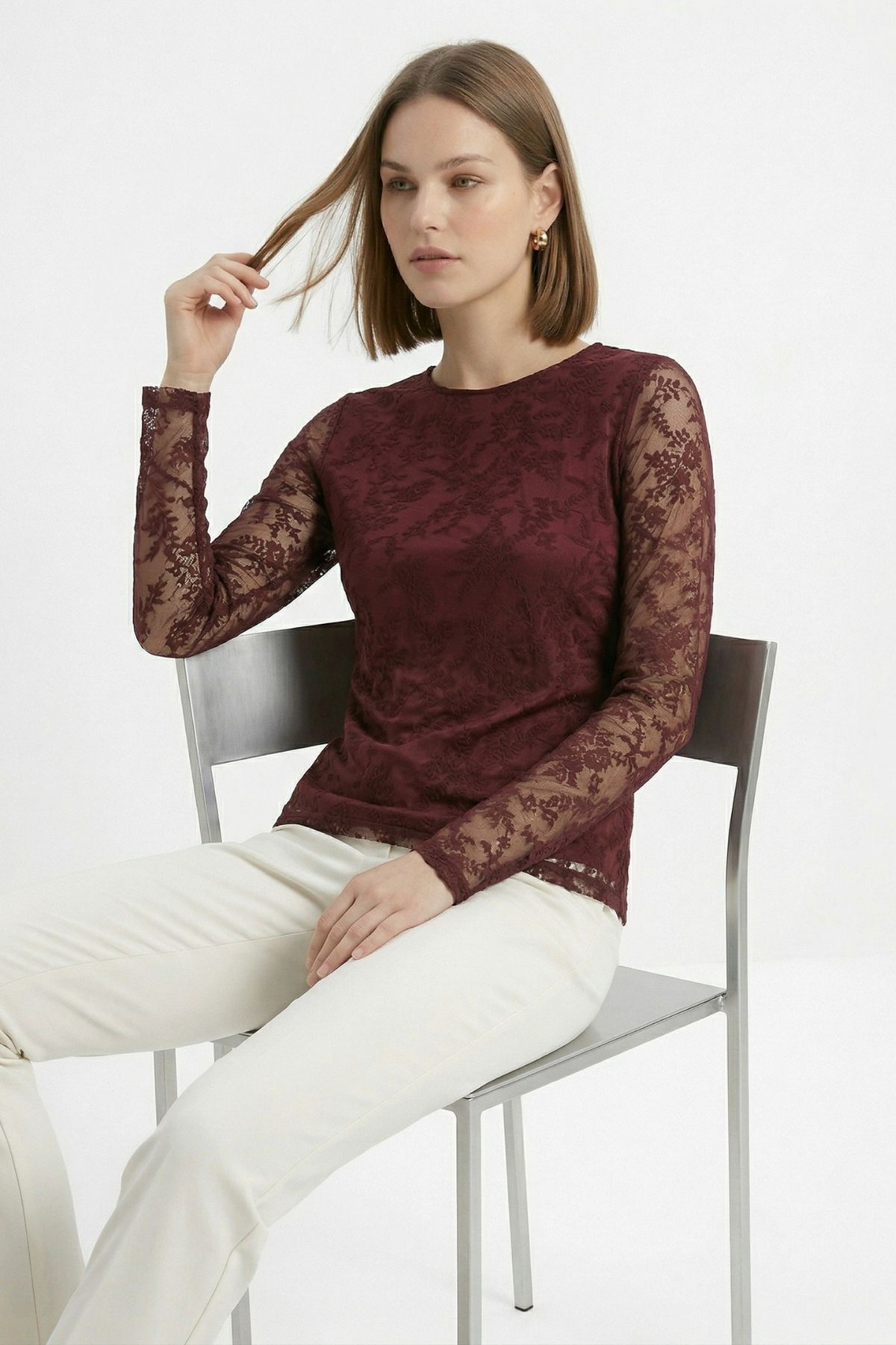 Mürdüm Yandan Büzgülü Desenli Bluz 8476A - 2