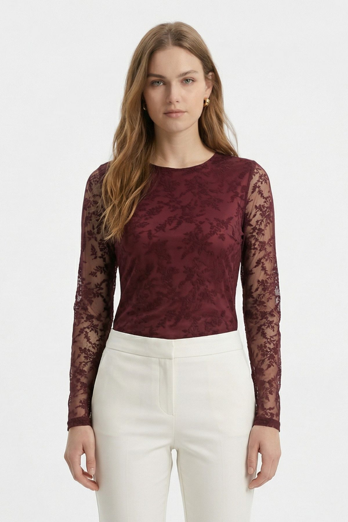 Mürdüm Yandan Büzgülü Desenli Bluz 8476A - 3