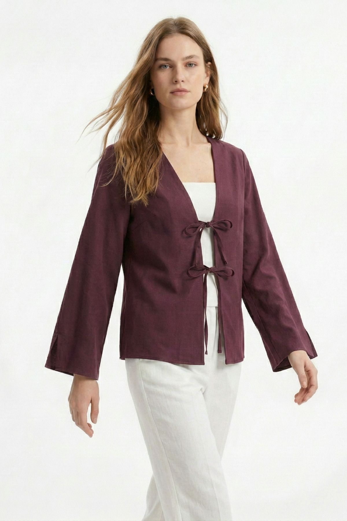 Mürdüm Yırtmaçlı İspanyol Kol Ön Bağlama Kimono 5425 - 1