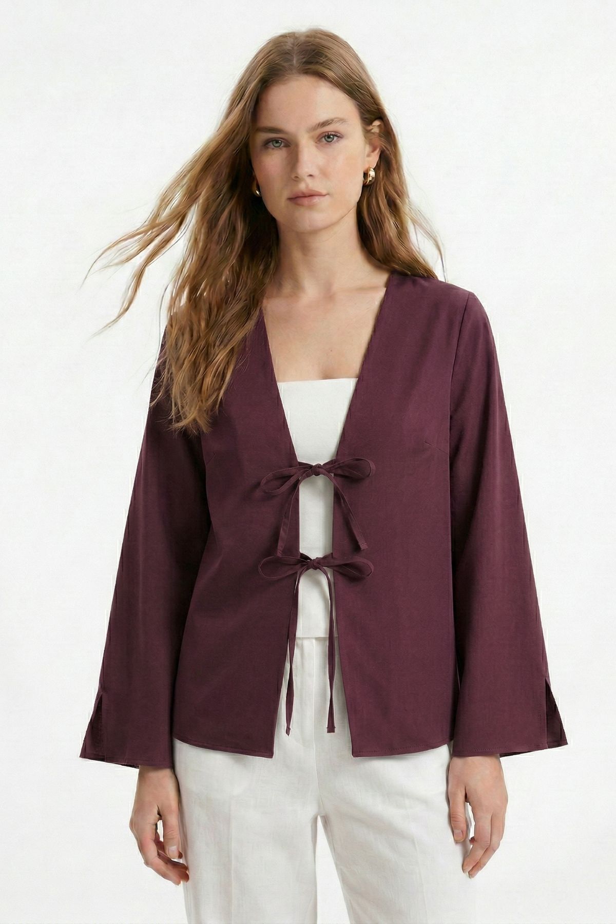 Mürdüm Yırtmaçlı İspanyol Kol Ön Bağlama Kimono 5425 - 2