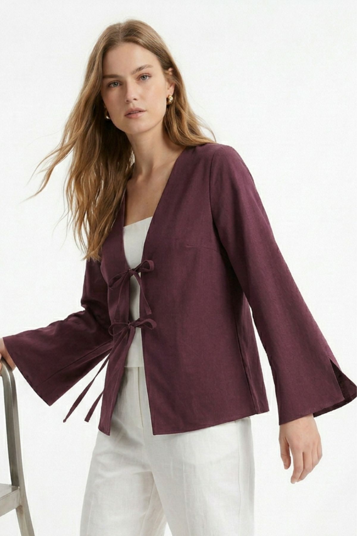 Mürdüm Yırtmaçlı İspanyol Kol Ön Bağlama Kimono 5425 - 3