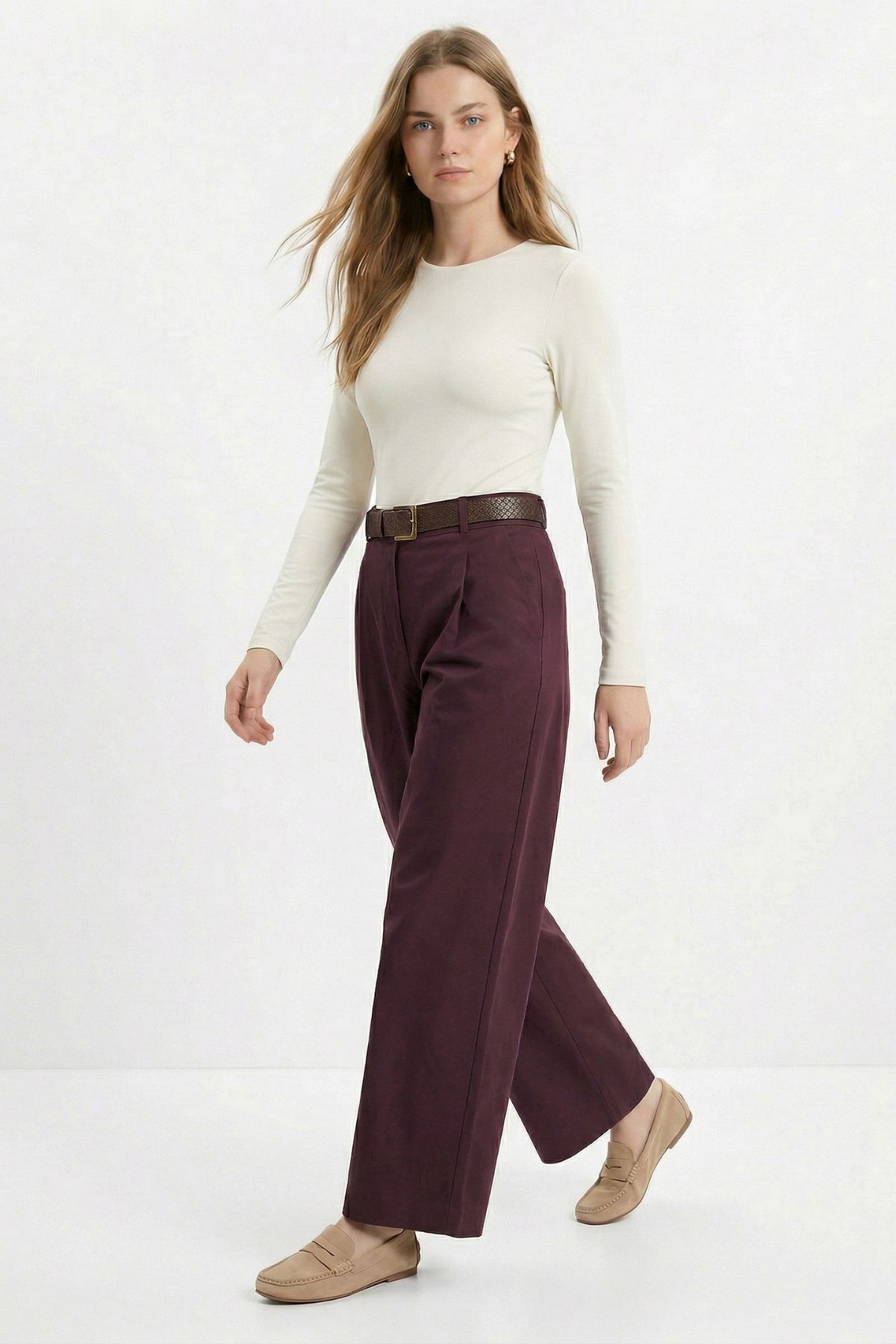 Mürdüm Yüksek Bel Kemerli Pileli Pantolon 3918 - 1