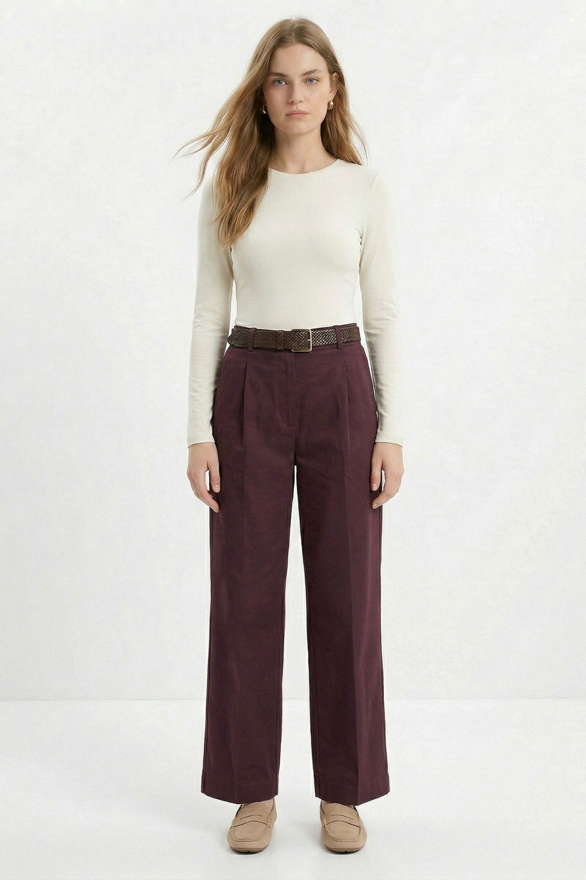 Mürdüm Yüksek Bel Kemerli Pileli Pantolon 3918 - 2