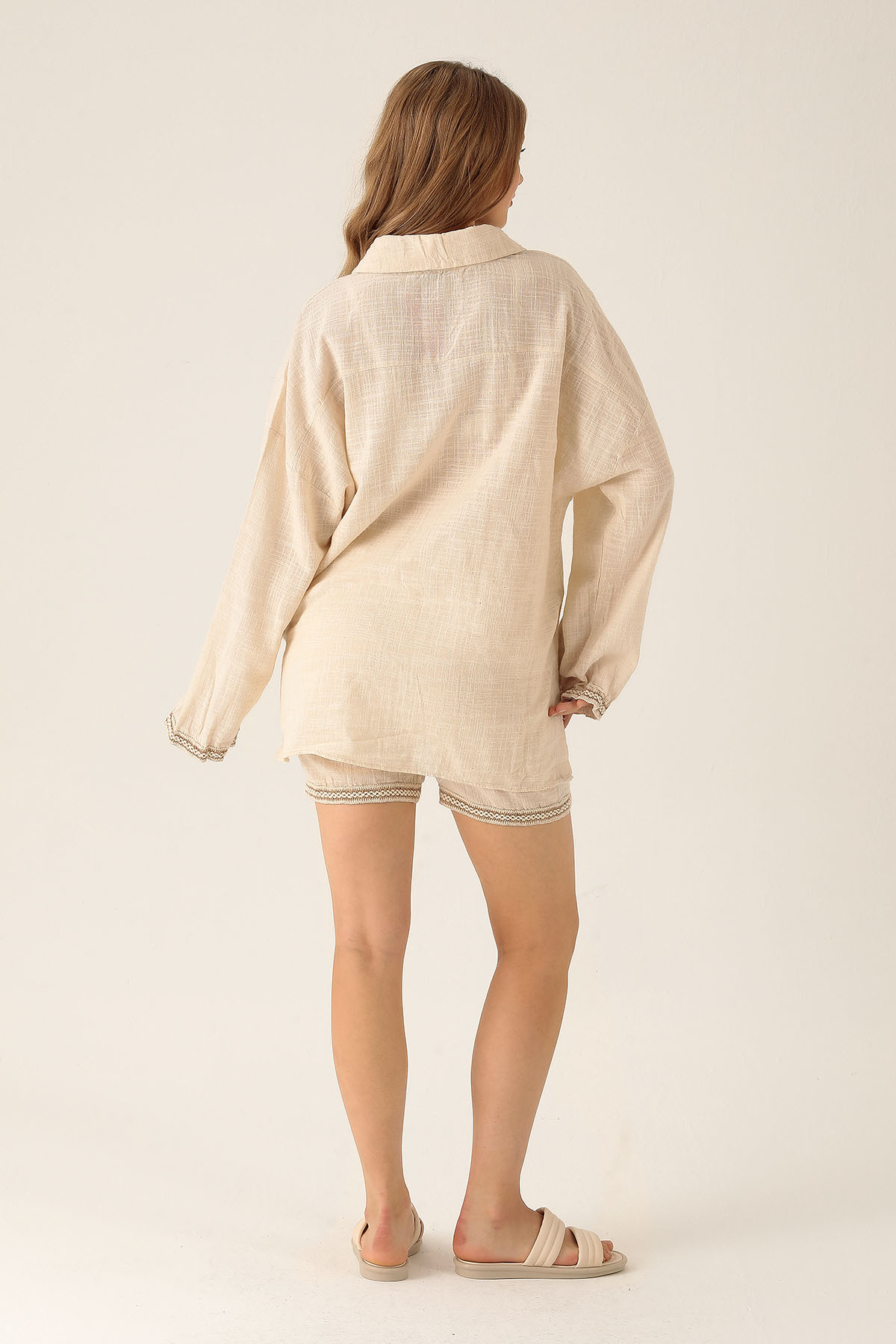 Nakış Detay Bayan Gömlek Şort Takım - 2745 Natural - 5