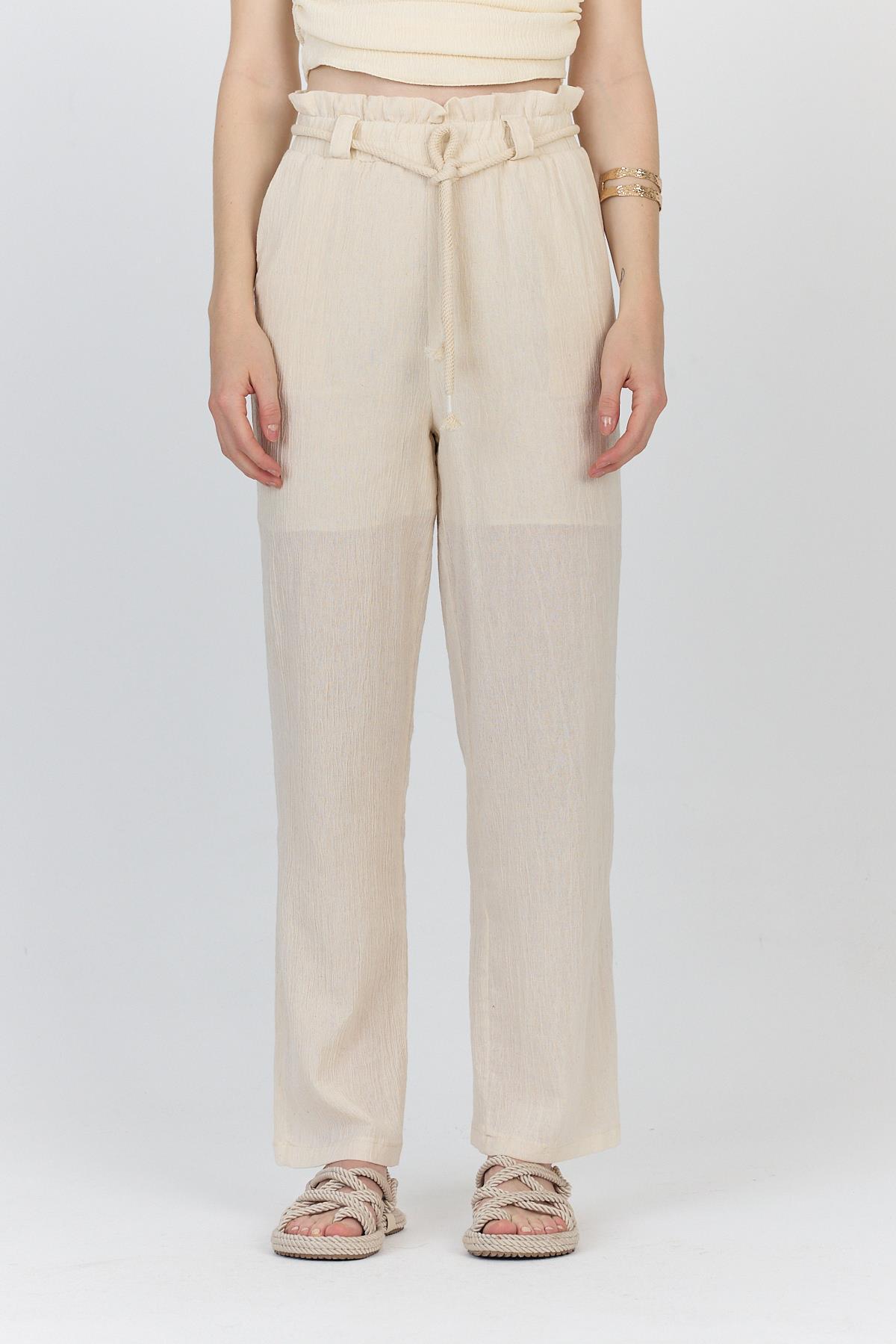 Natural %100 Pamuk Astarlı Yüksek Bel Bağlamalı Kemer Detaylı Pantolon6941 - 2