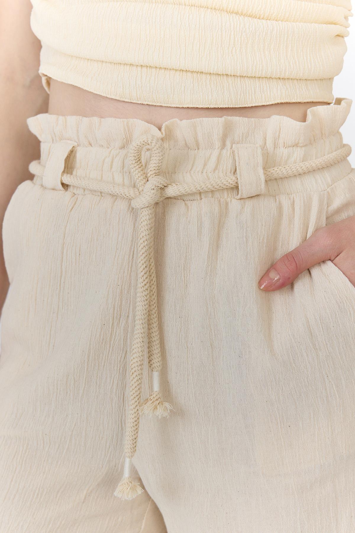 Natural %100 Pamuk Astarlı Yüksek Bel Bağlamalı Kemer Detaylı Pantolon6941 - RAYS