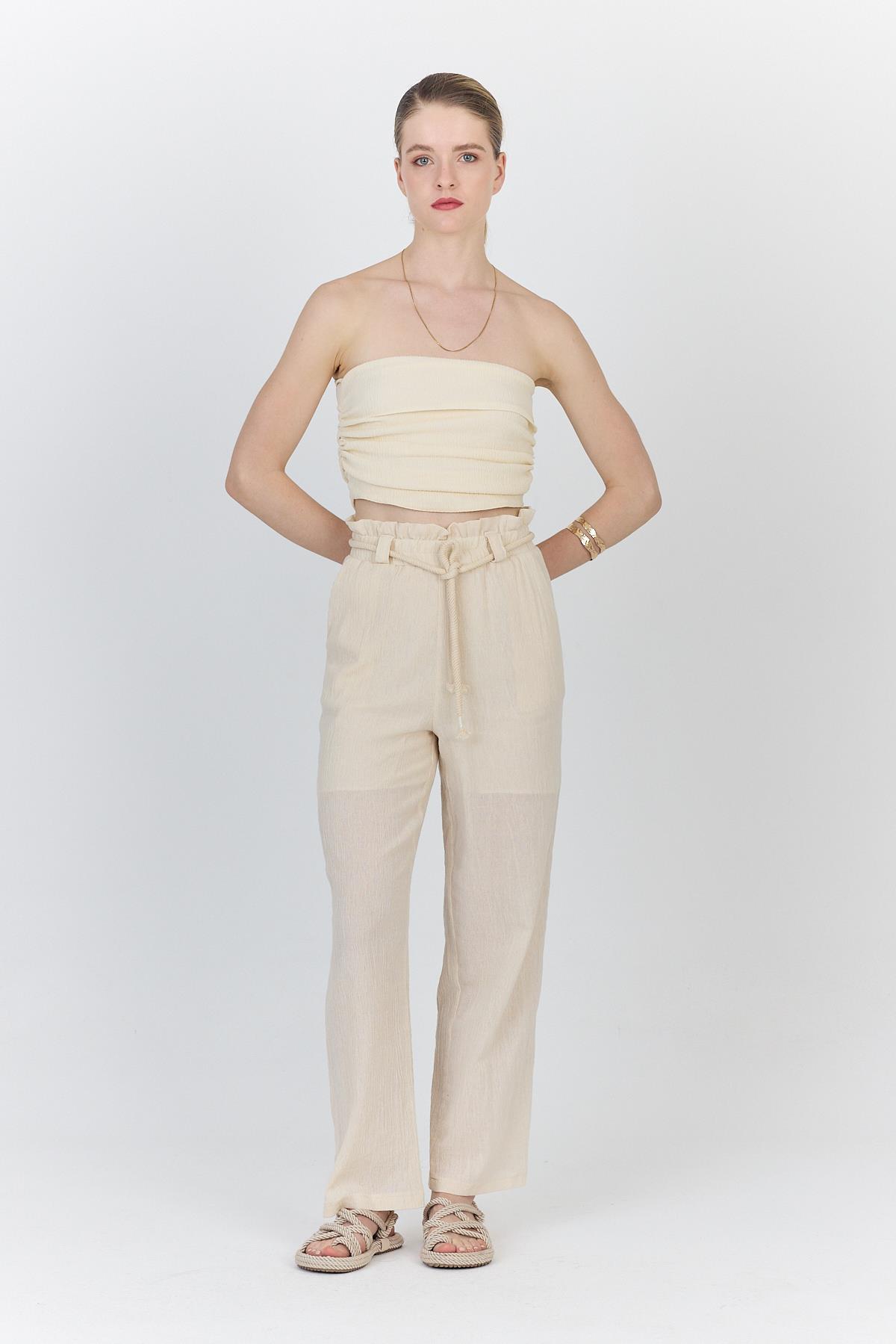 Natural %100 Pamuk Astarlı Yüksek Bel Bağlamalı Kemer Detaylı Pantolon6941 - 6