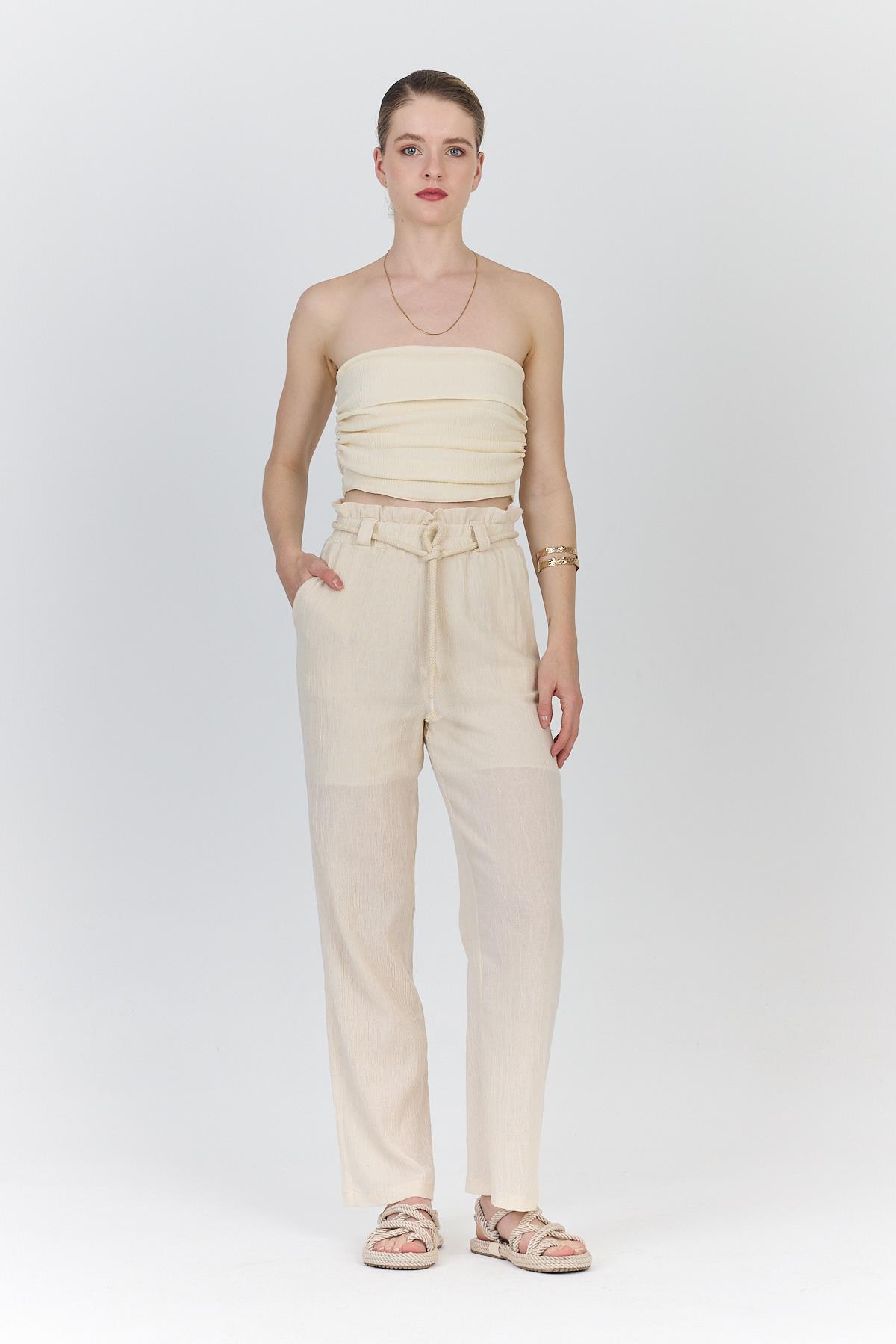 Natural %100 Pamuk Astarlı Yüksek Bel Bağlamalı Kemer Detaylı Pantolon6941 