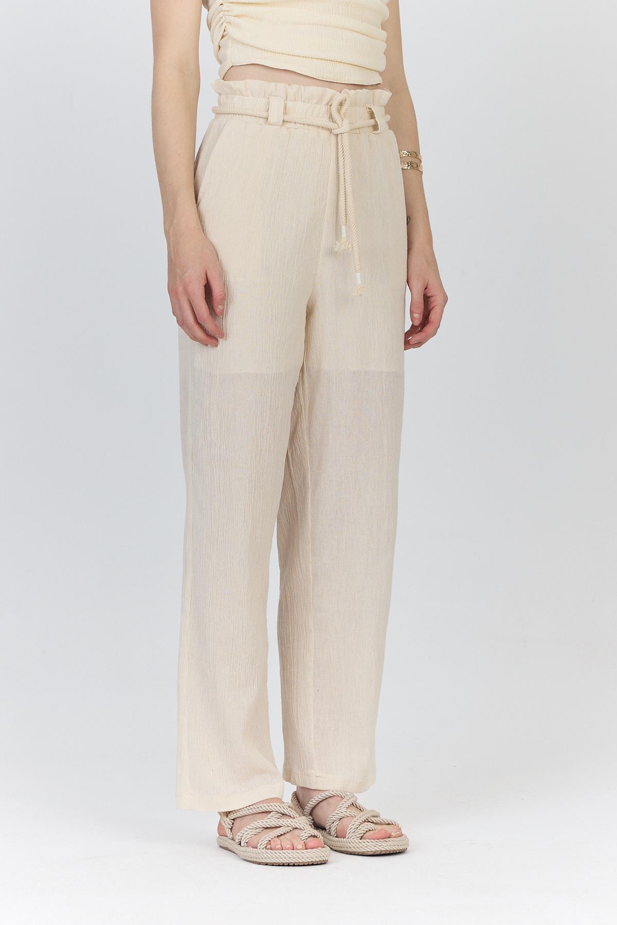 Natural %100 Pamuk Astarlı Yüksek Bel Bağlamalı Kemer Detaylı Pantolon6941 - 7