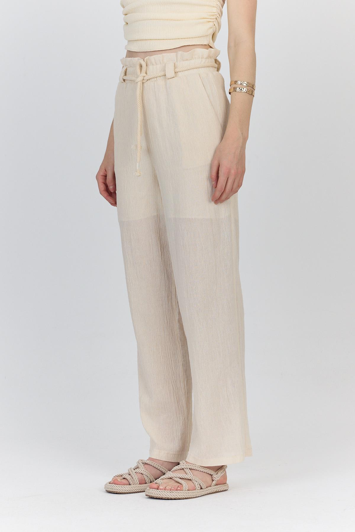 Natural %100 Pamuk Astarlı Yüksek Bel Bağlamalı Kemer Detaylı Pantolon6941 - 3