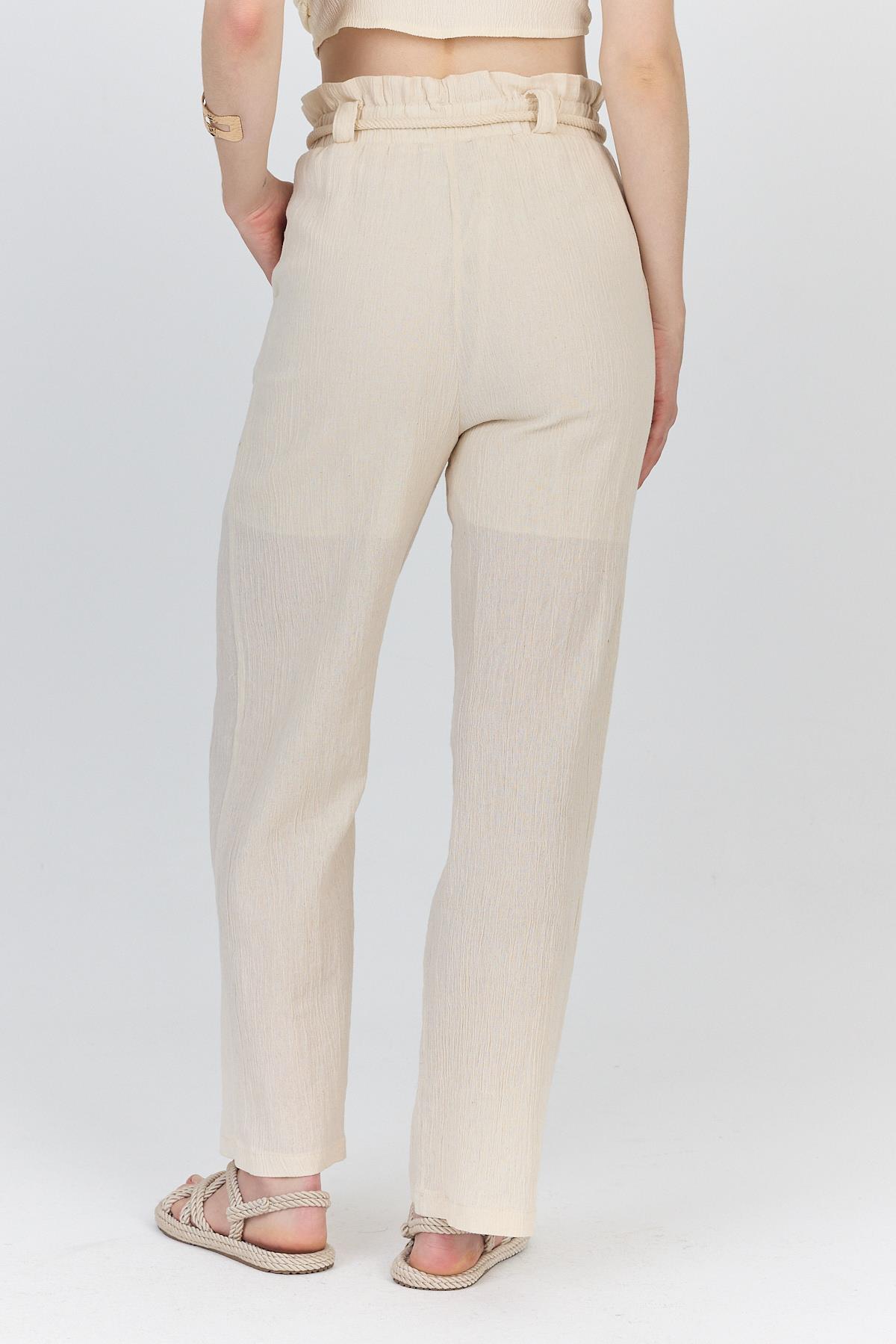 Natural %100 Pamuk Astarlı Yüksek Bel Bağlamalı Kemer Detaylı Pantolon6941 - 5