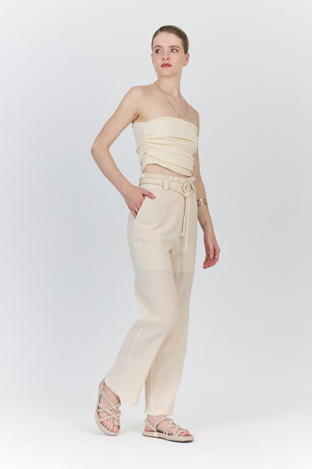 Natural %100 Pamuk Astarlı Yüksek Bel Bağlamalı Kemer Detaylı Pantolon6941 - 8