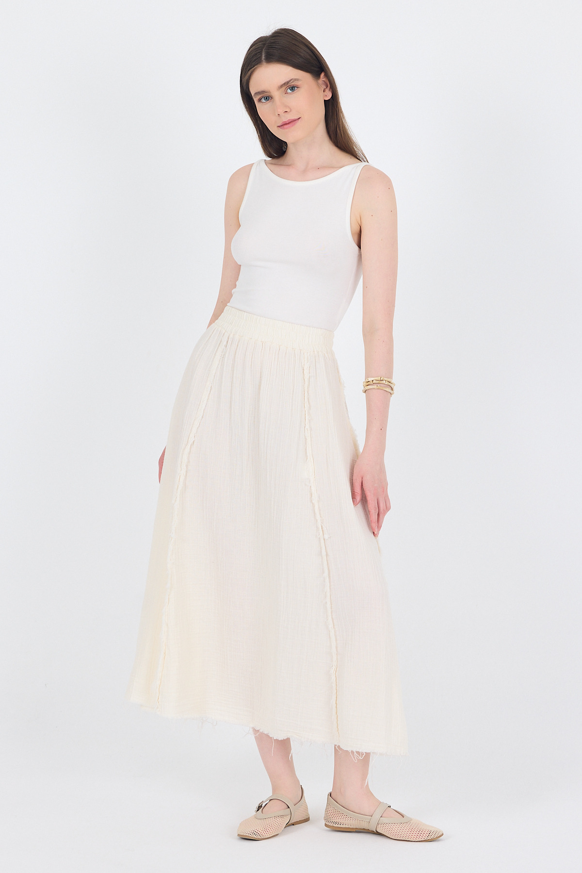 Natural %100 Pamuk Müslin Midi Etek 7038 
