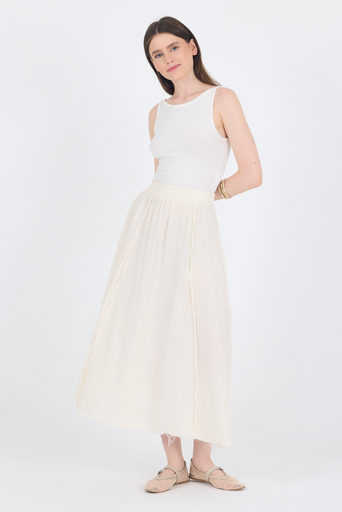 Natural %100 Pamuk Müslin Midi Etek 7038 - 2