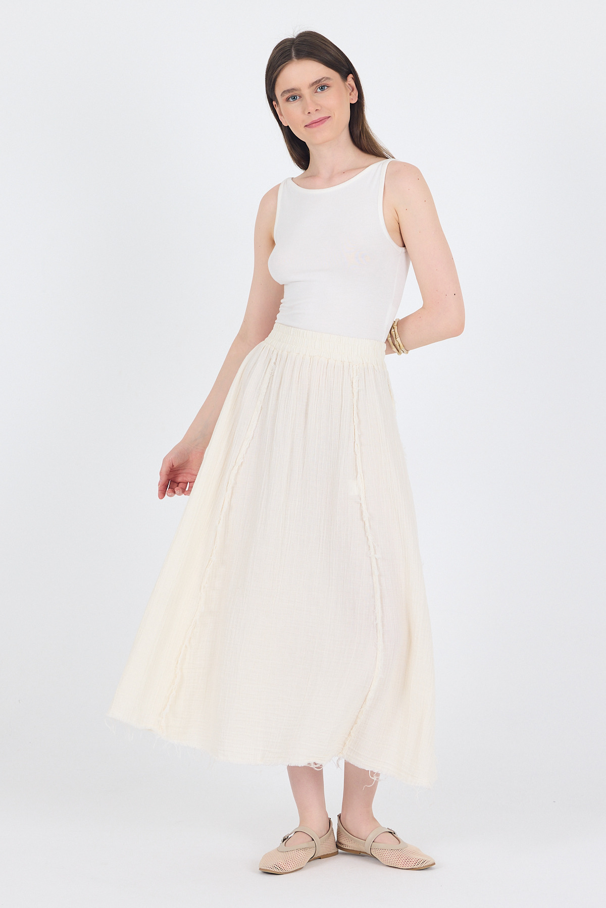 Natural %100 Pamuk Müslin Midi Etek 7038 - 3