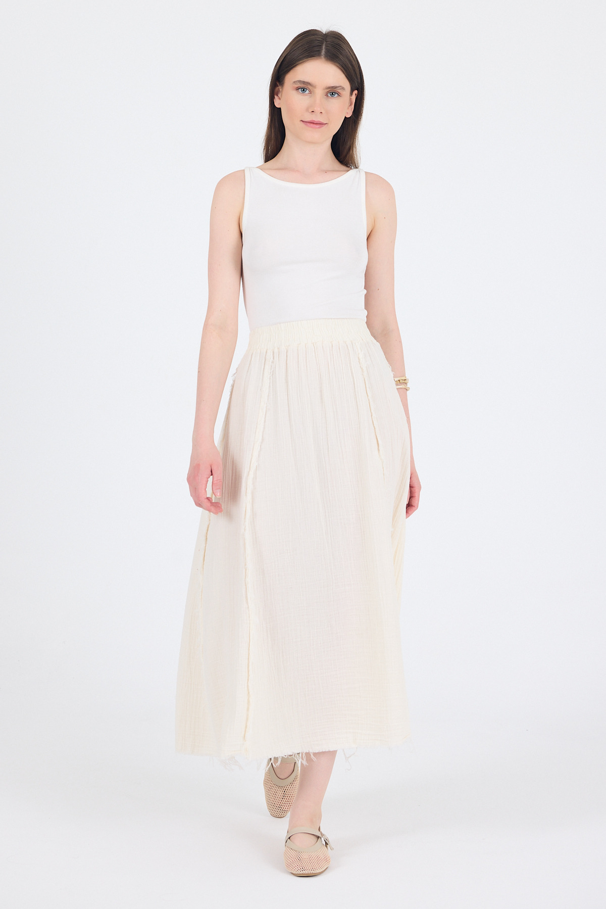 Natural %100 Pamuk Müslin Midi Etek 7038 - 7