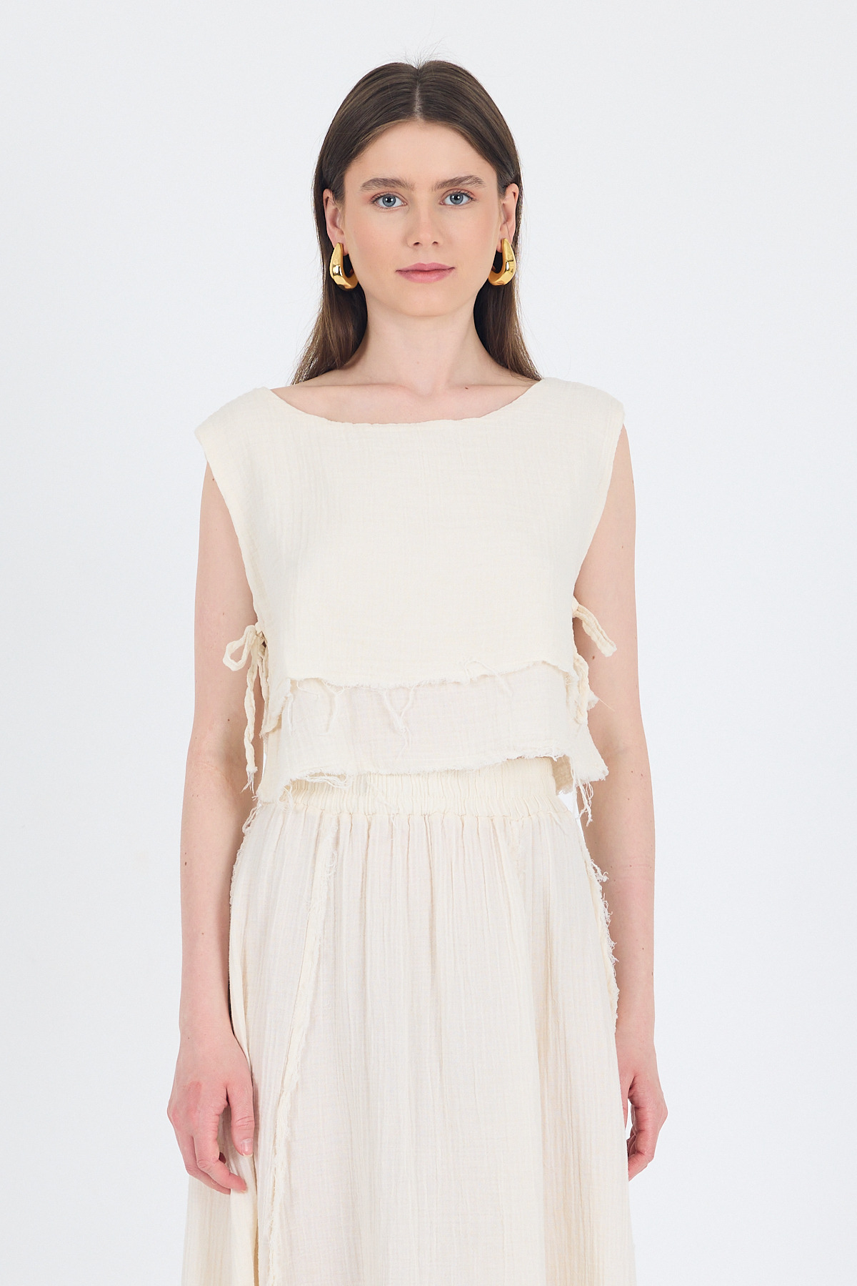 Natural %100 Pamuk Yan Bağlama Detaylı Müslin Bluz 7041 - RAYS