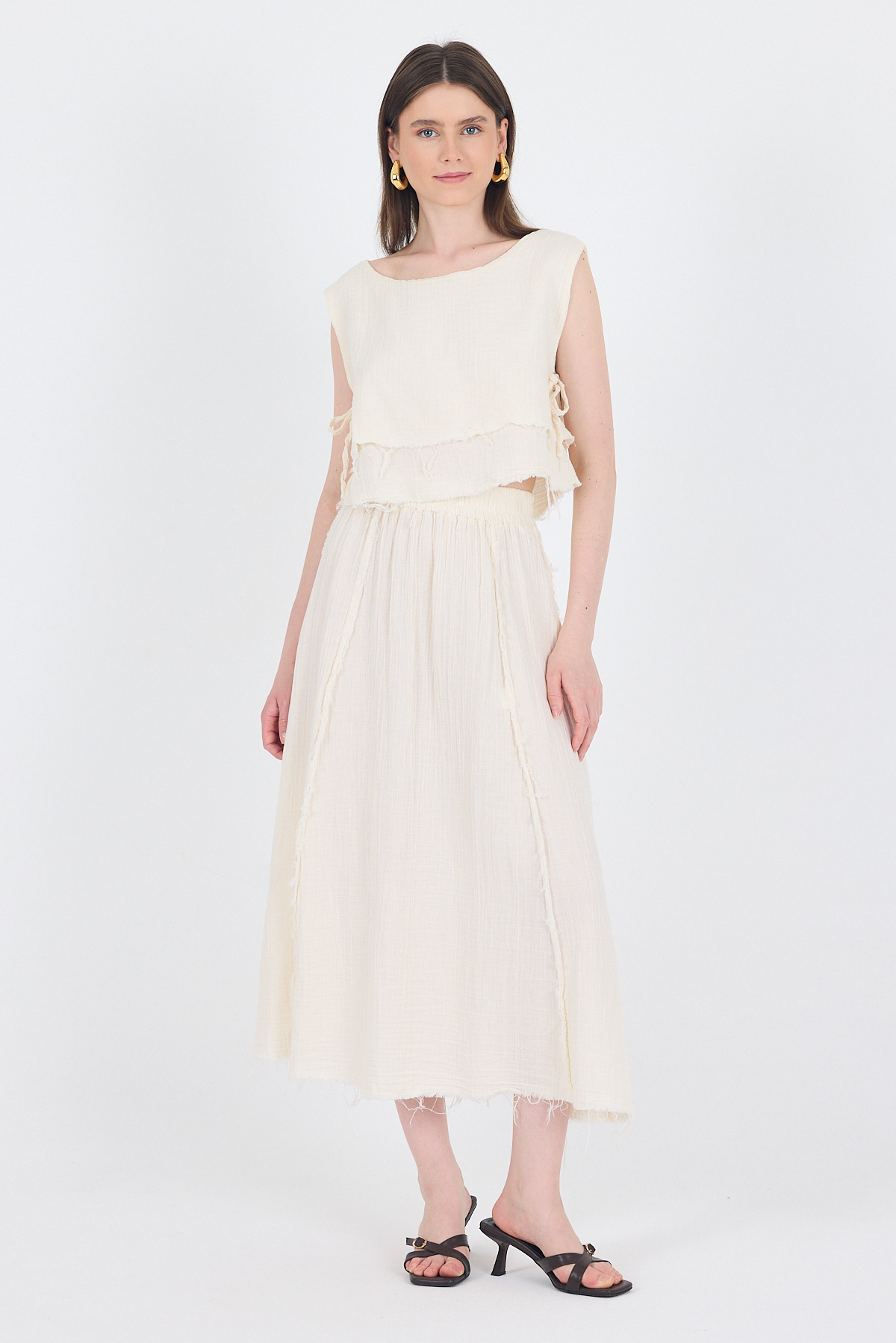 Natural %100 Pamuk Yan Bağlama Detaylı Müslin Bluz 7041 - RAYS