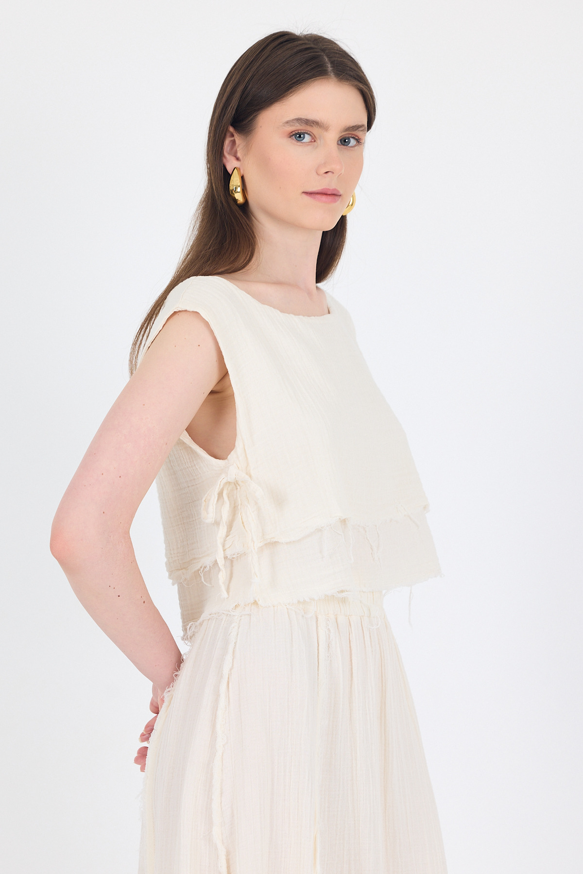 Natural %100 Pamuk Yan Bağlama Detaylı Müslin Bluz 7041 - RAYS