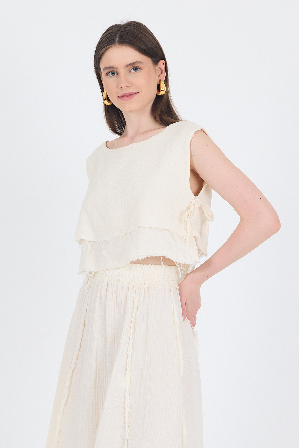 Natural %100 Pamuk Yan Bağlama Detaylı Müslin Bluz 7041 - 1