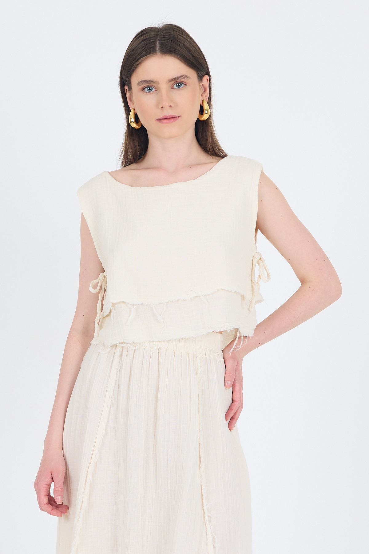 Natural %100 Pamuk Yan Bağlama Detaylı Müslin Bluz 7041 - 6