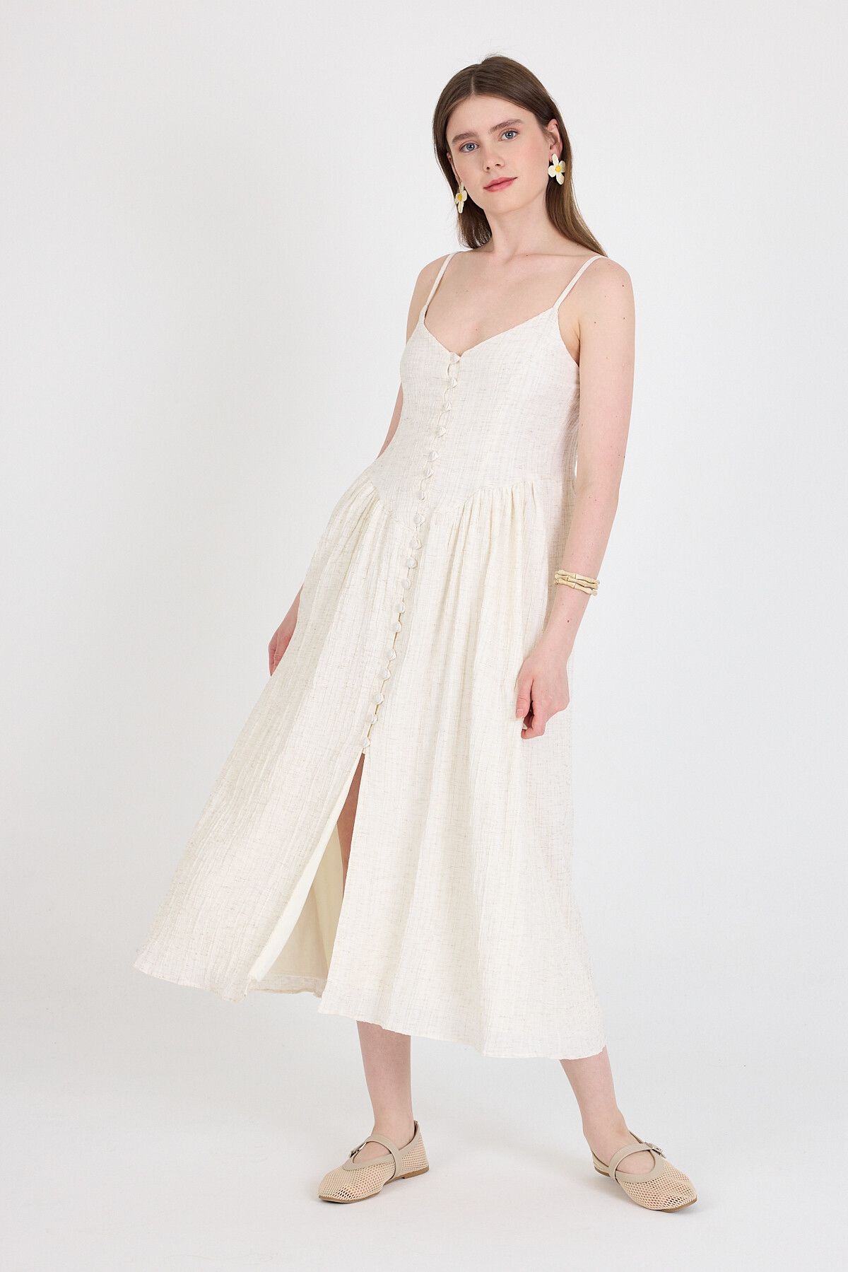 Natural Askılı V Yaka Düğmeli Midi Elbise 2487 - 2