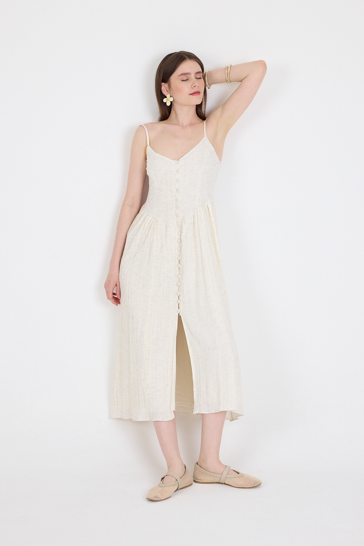 Natural Askılı V Yaka Düğmeli Midi Elbise 2487 - 1