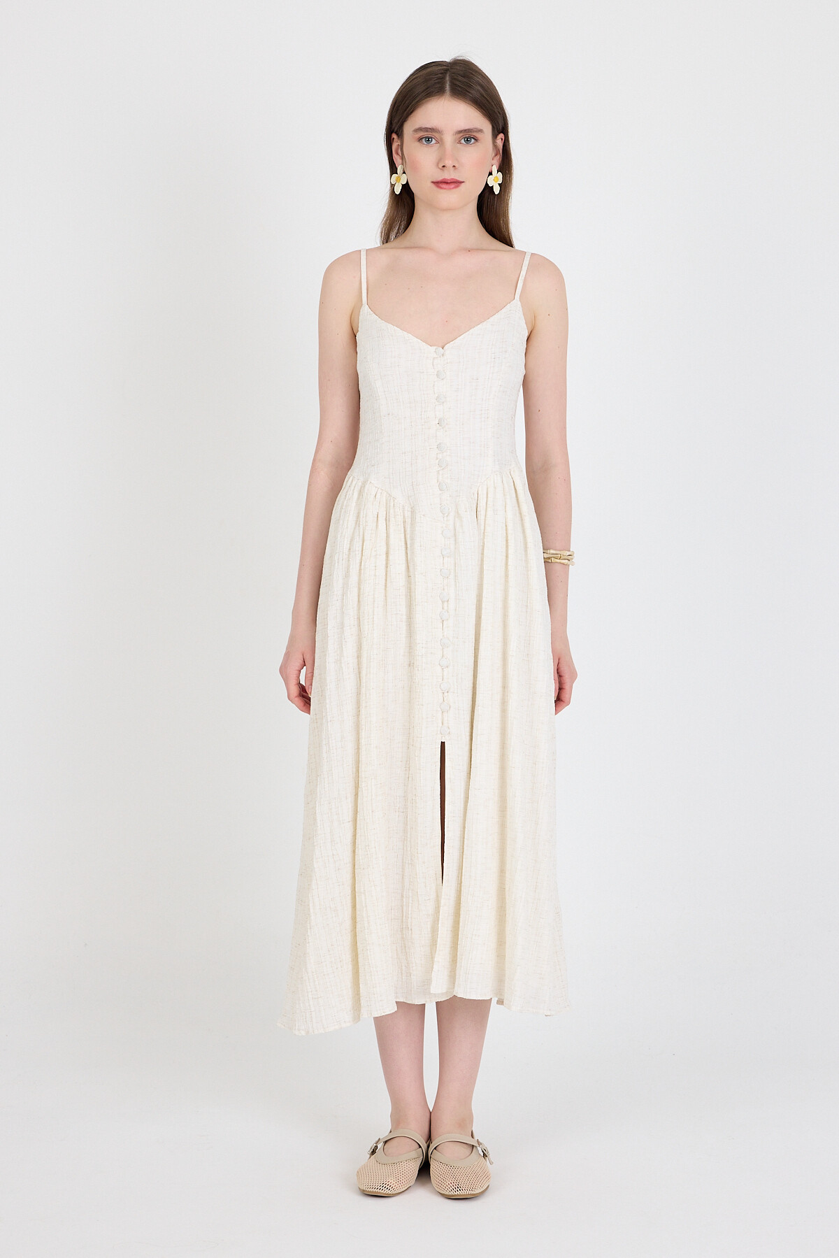 Natural Askılı V Yaka Düğmeli Midi Elbise 2487 - 3