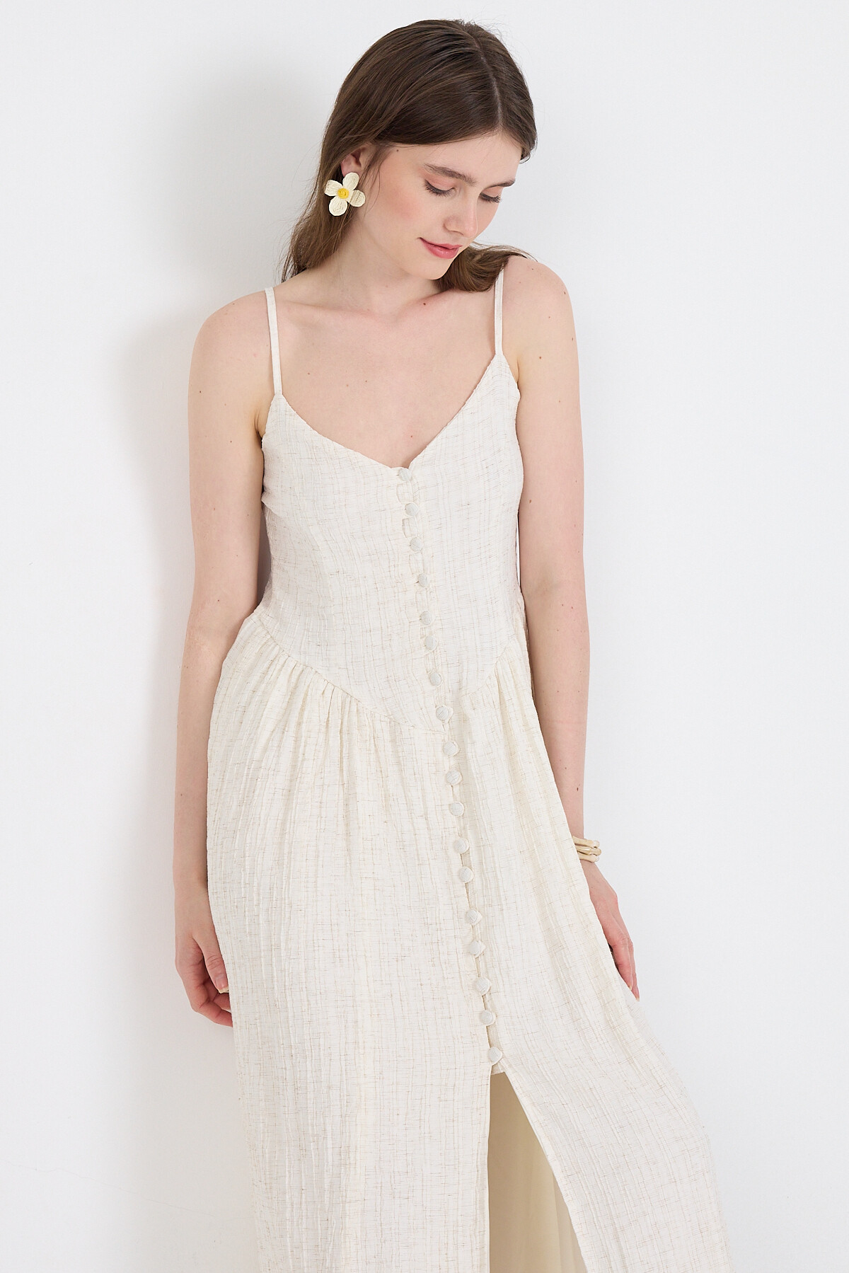 Natural Askılı V Yaka Düğmeli Midi Elbise 2487 - 6