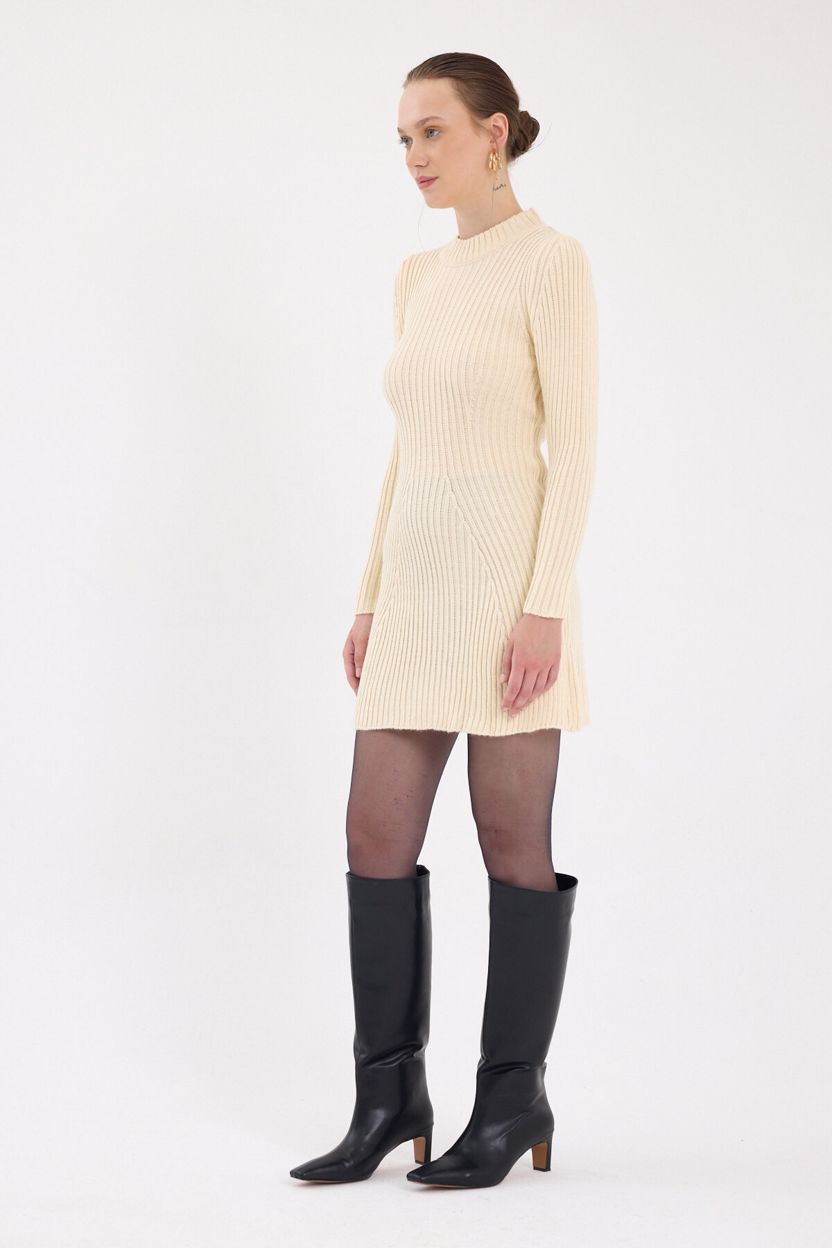 Natural Balıkçı Yaka Triko Mini Elbise 1907 - 6