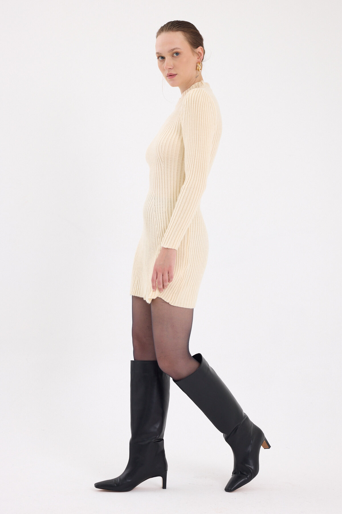 Natural Balıkçı Yaka Triko Mini Elbise 1907 - 3