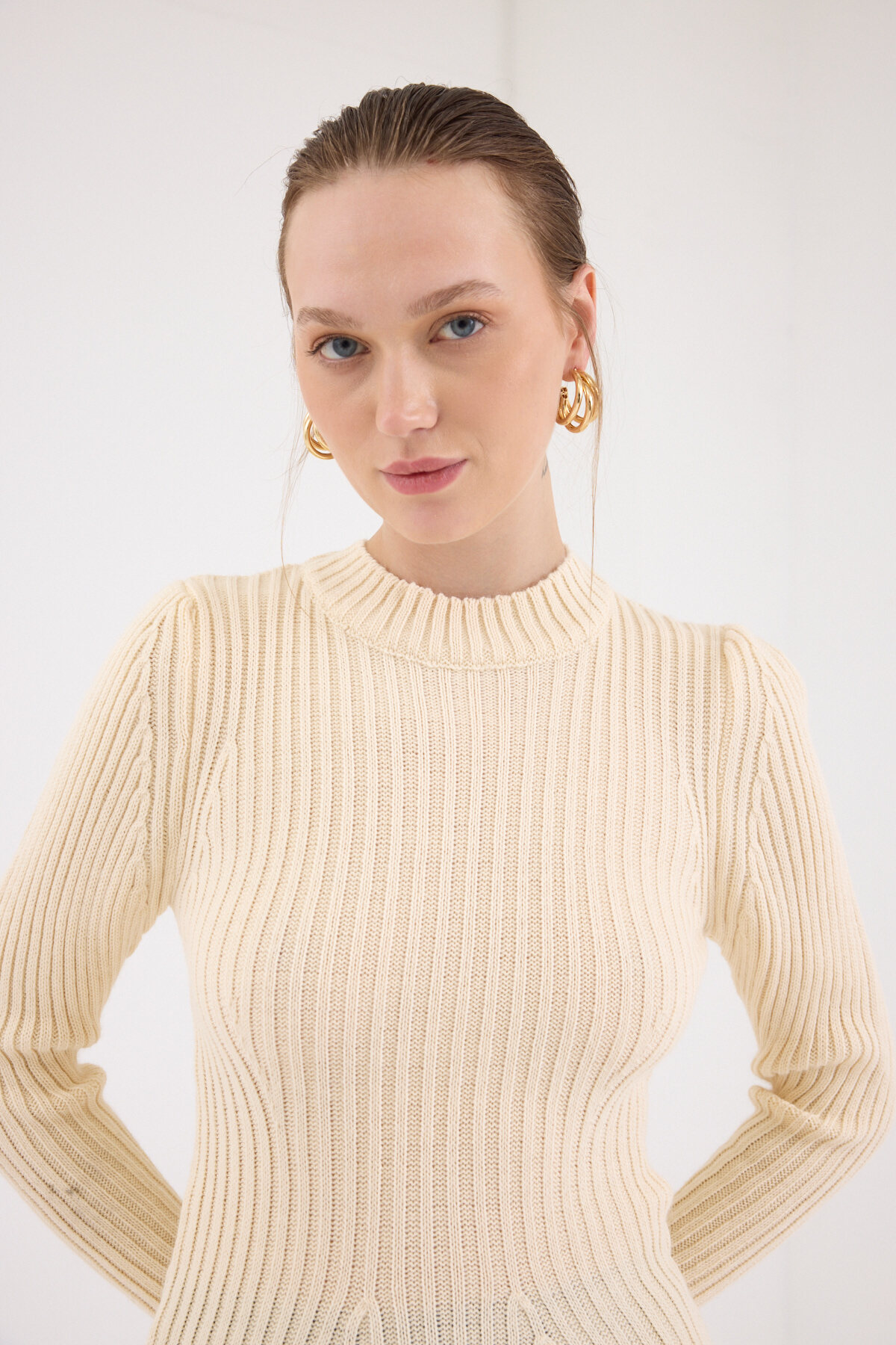 Natural Balıkçı Yaka Triko Mini Elbise 1907 - 4