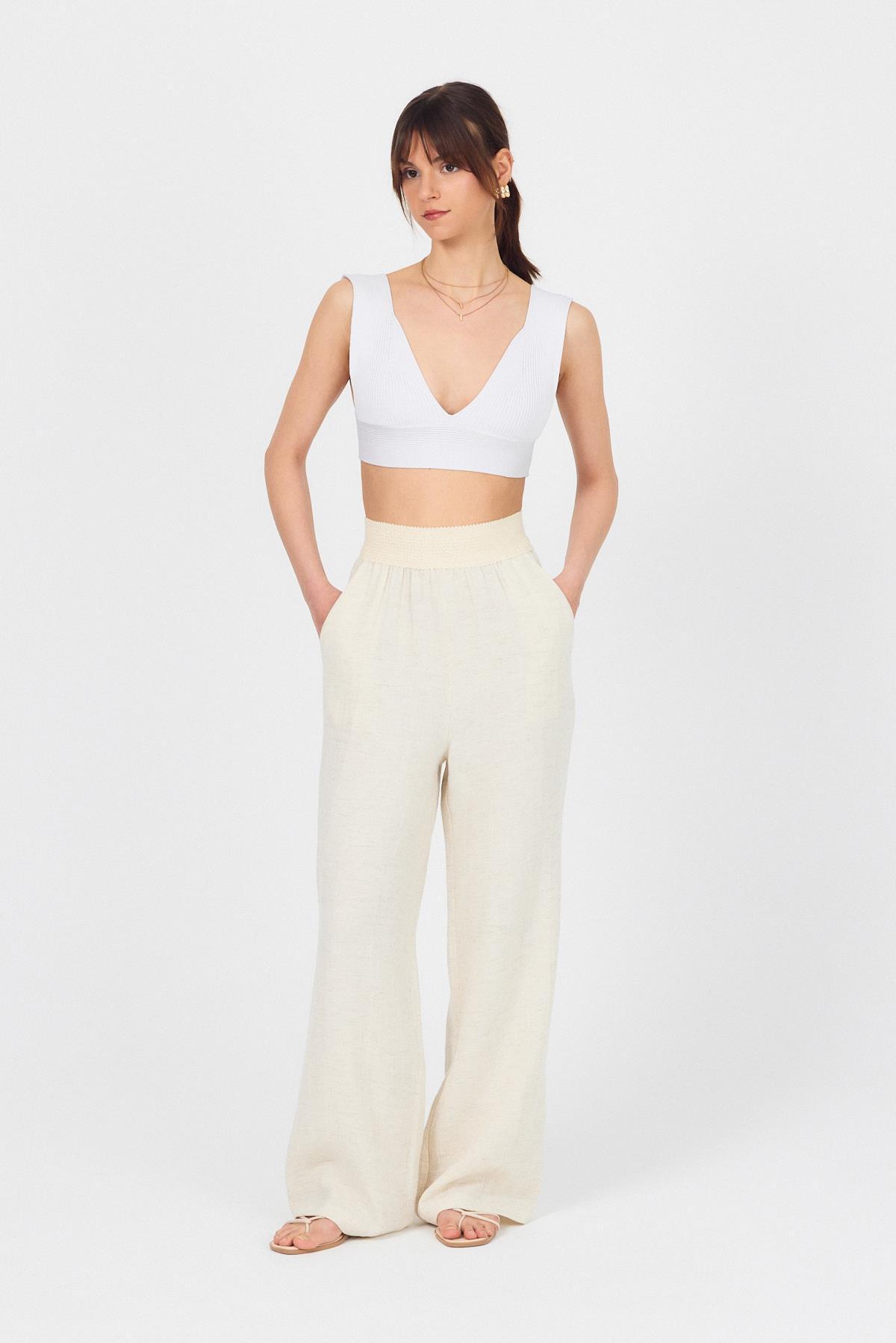 Natural Bel Lastikli Müslin Keten Bol Paça Pantolon 4719A - 1