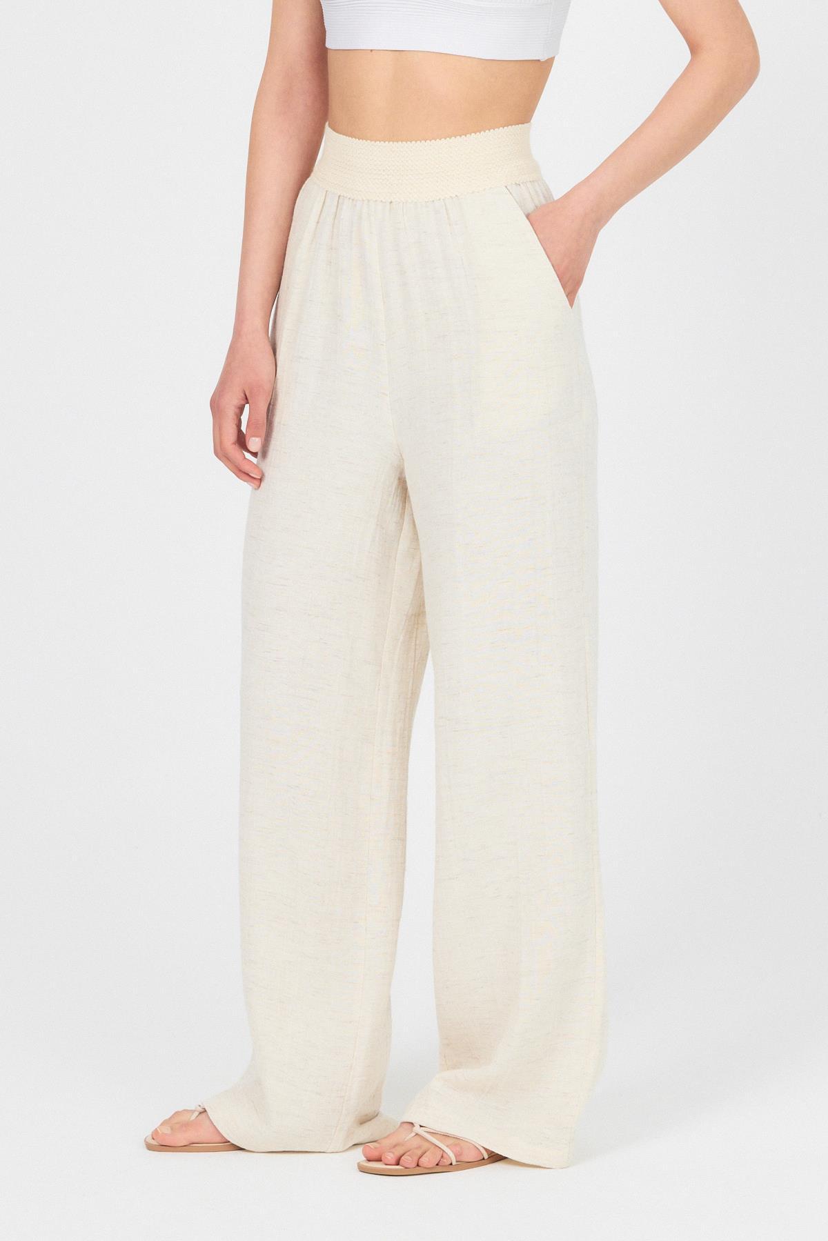 Natural Bel Lastikli Müslin Keten Bol Paça Pantolon 4719A - 3