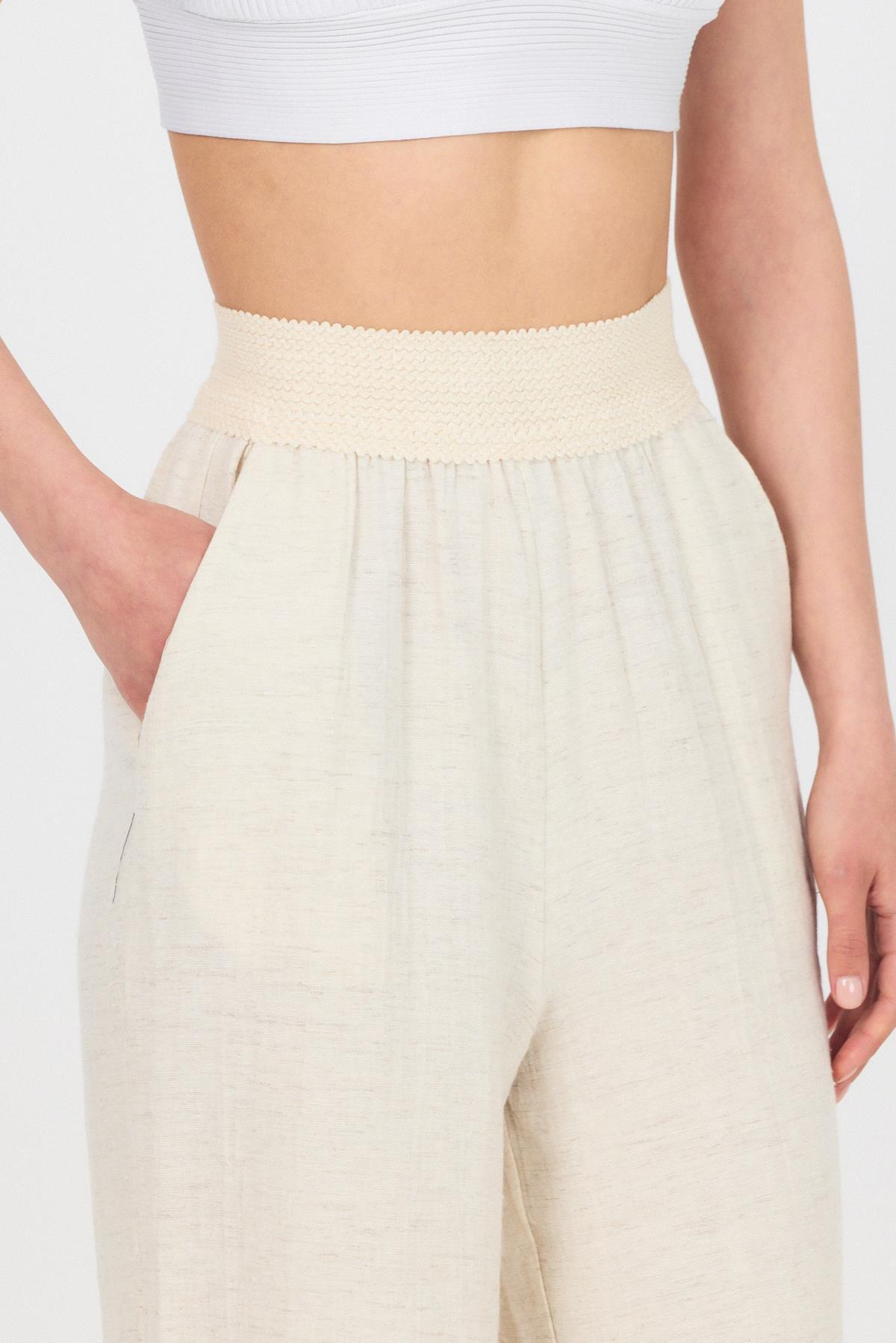 Natural Bel Lastikli Müslin Keten Bol Paça Pantolon 4719A - 4