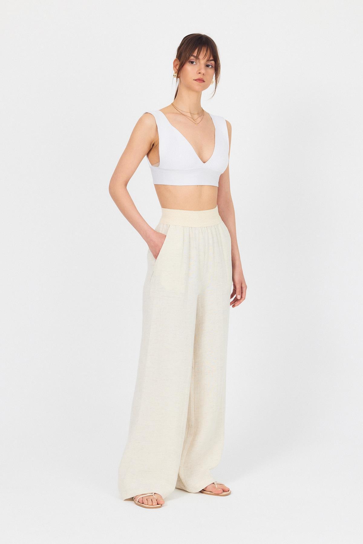 Natural Bel Lastikli Müslin Keten Bol Paça Pantolon 4719A - 6