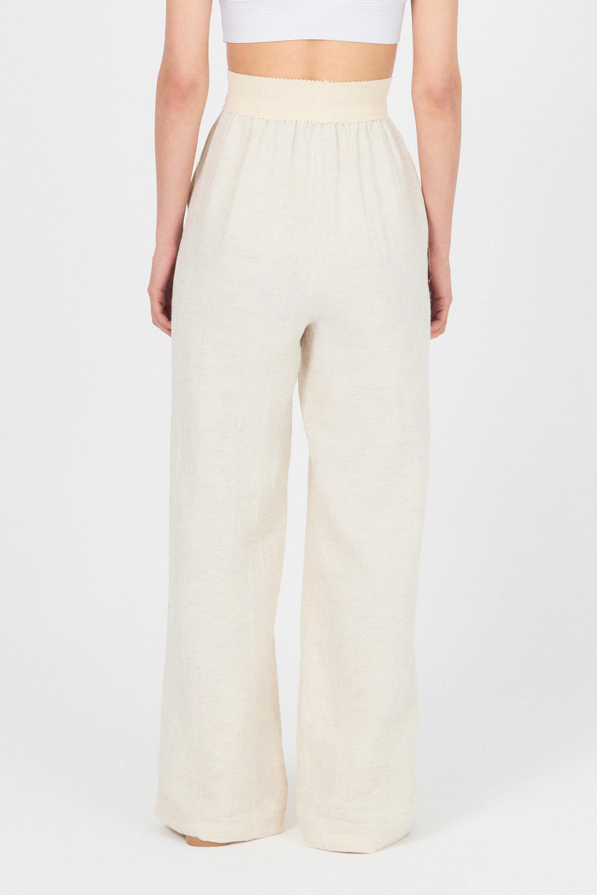 Natural Bel Lastikli Müslin Keten Bol Paça Pantolon 4719A - 5