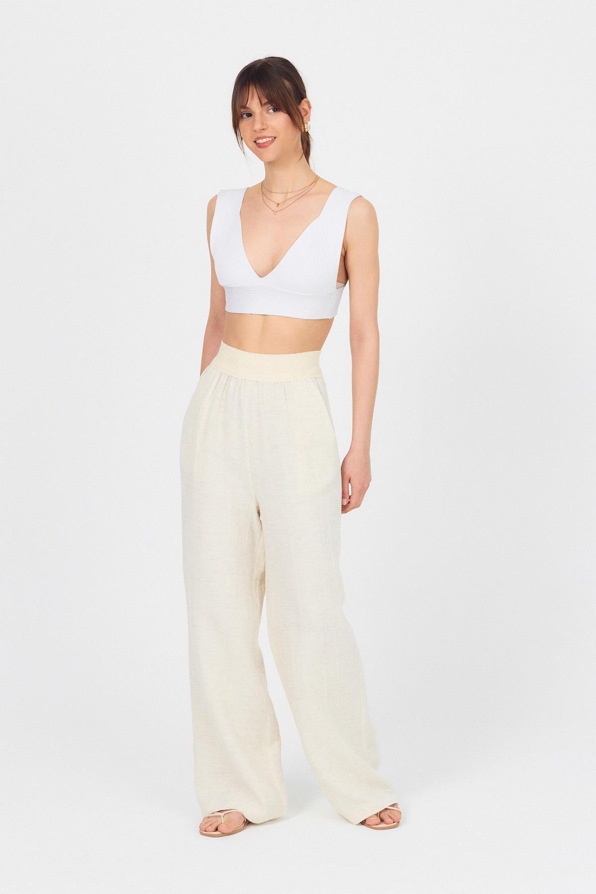 Natural Bel Lastikli Müslin Keten Bol Paça Pantolon 4719A - 7