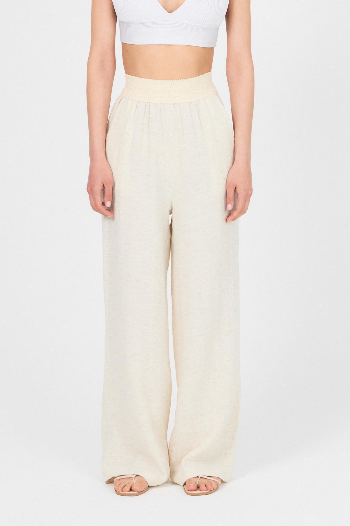 Natural Bel Lastikli Müslin Keten Bol Paça Pantolon 4719A - 2