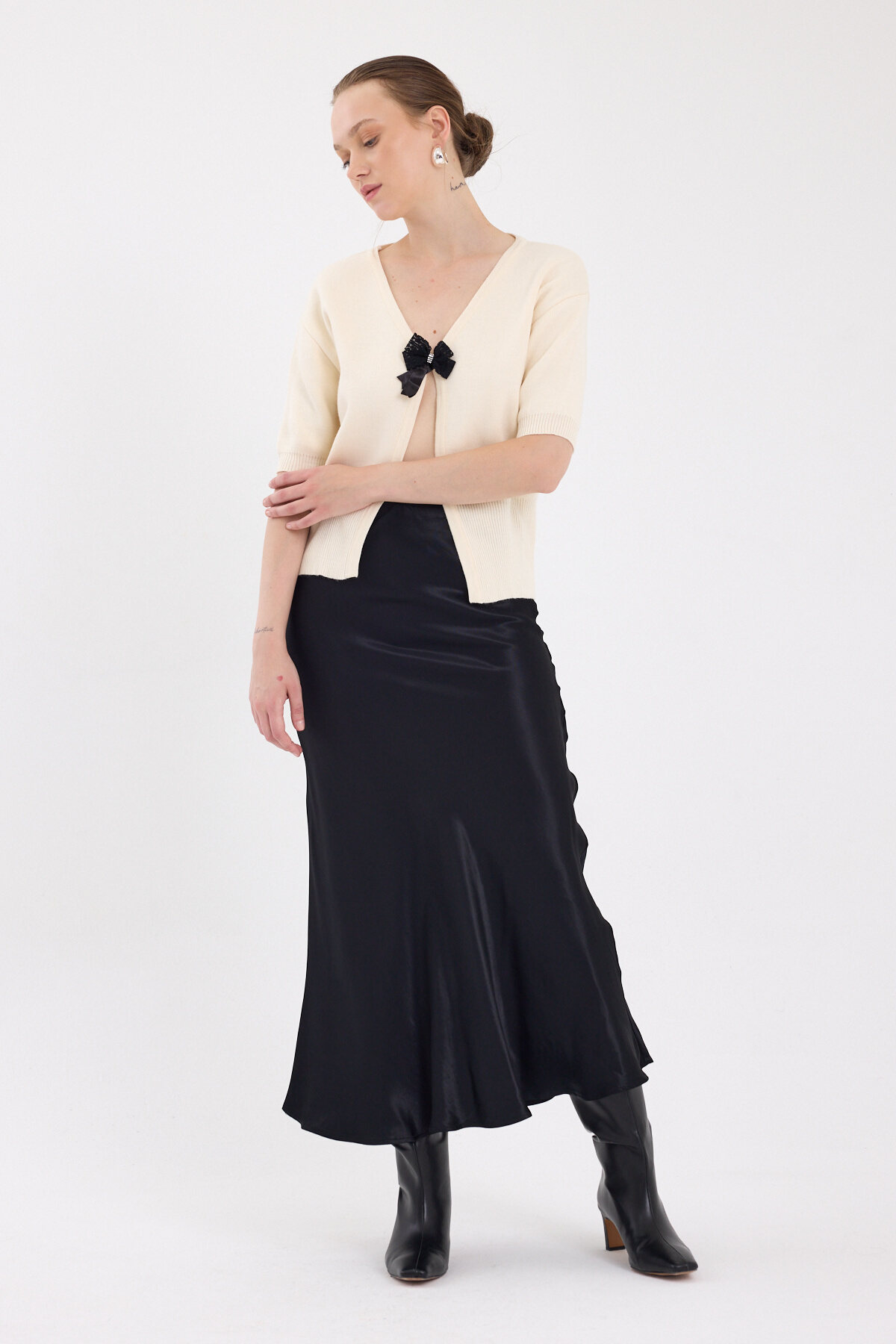 Natural Fiyonk Detaylı Crop Triko Kadın Bluz 2415 - 3